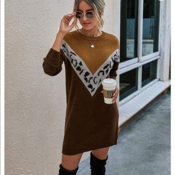 Cupshe Sweaters - Cupshe Leopard Print Colorblock Mini Sweater Dress